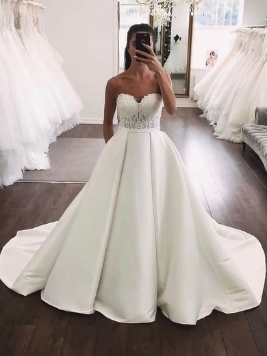 Satin Strapless Court Train Ball Gown Appliques Lace Wedding Dresses #PWD00024019