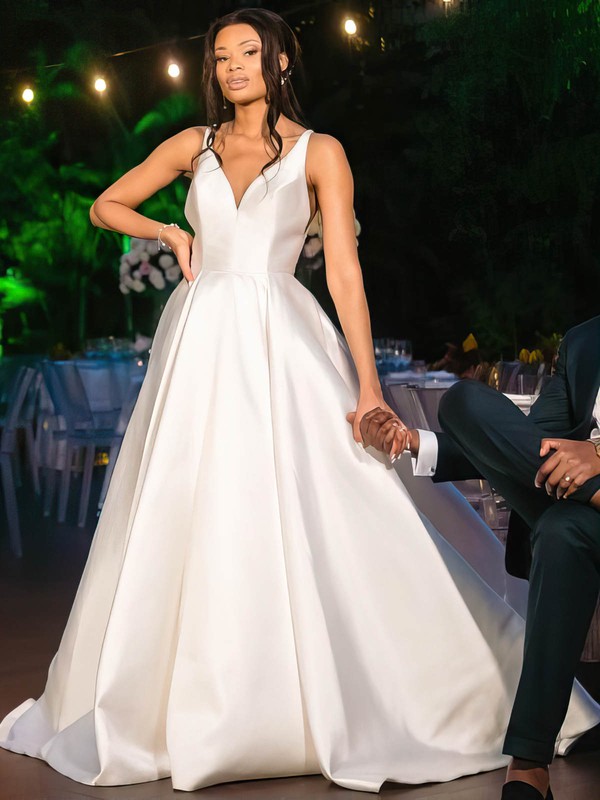 Satin V-neck Court Train A-line Appliques Lace Wedding Dresses #PWD00024021