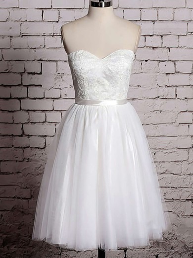 Nice White Lace Tulle Sweetheart Sashes / Ribbons Knee-length Wedding Dress #PWD00020533