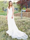 Tulle V-neck Sweep Train Sheath/Column Appliques Lace Wedding Dresses #PWD00024023