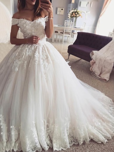 Tulle Off-the-shoulder Court Train A-line Appliques Lace Wedding Dresses #PWD00024032