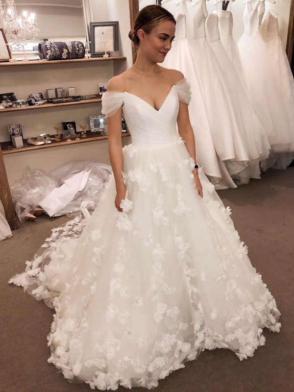 Tulle Off-the-shoulder Sweep Train Ball Gown Beading Wedding Dresses #PWD00024036