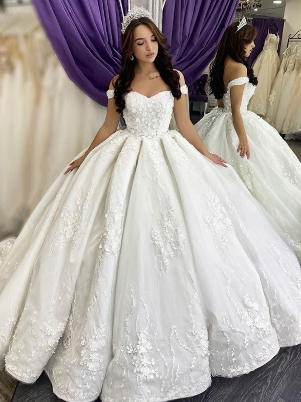 Tulle Off-the-shoulder Watteau Train Princess Appliques Lace Wedding Dresses #PWD00024038