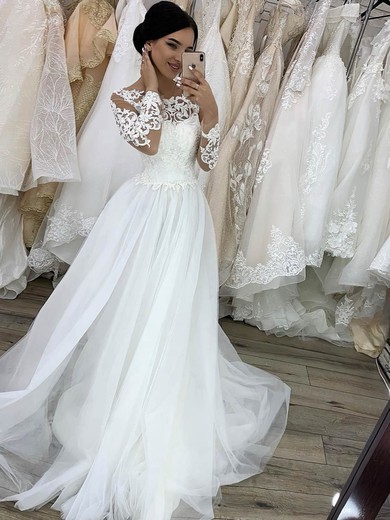 Tulle Scoop Neck Sweep Train A-line Appliques Lace Wedding Dresses #PWD00024039