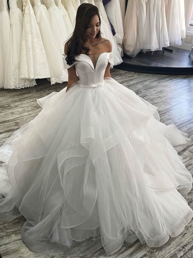 Satin Tulle Off-the-shoulder Court Train Ball Gown Sashes / Ribbons Wedding Dresses #PWD00024040
