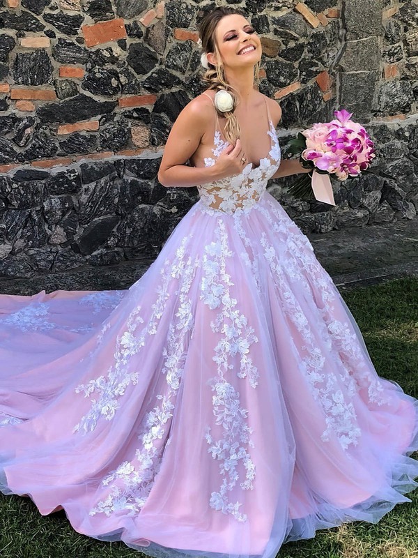 Tulle V-neck Court Train A-line Appliques Lace Wedding Dresses #PWD00024043