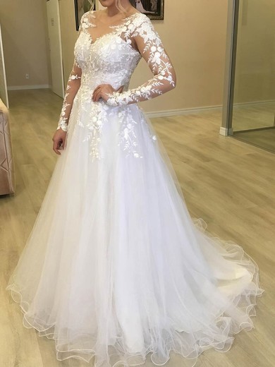 Tulle Scoop Neck Sweep Train A-line Appliques Lace Wedding Dresses #PWD00024044