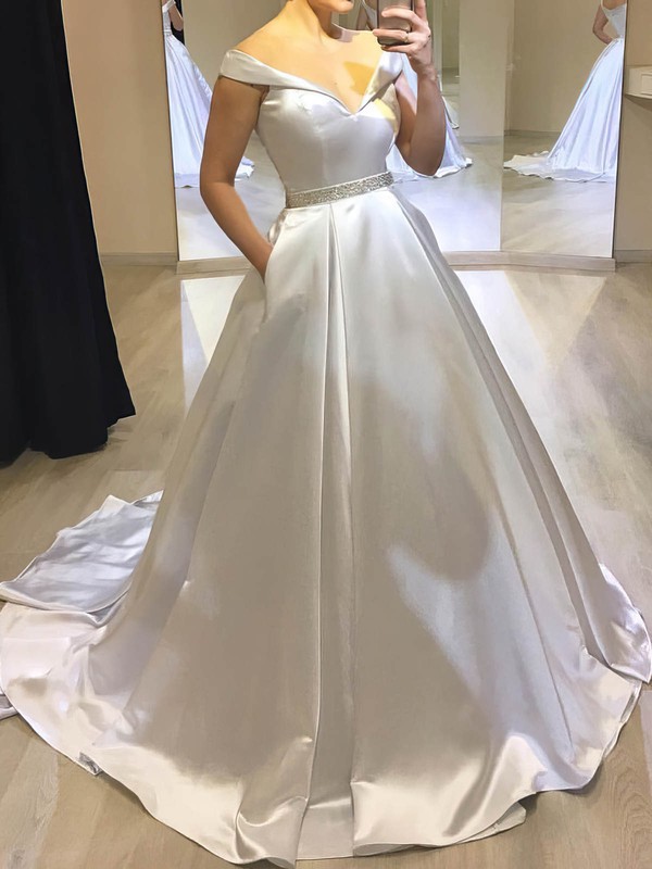 Satin Off-the-shoulder Sweep Train Ball Gown Beading Wedding Dresses #PWD00024047