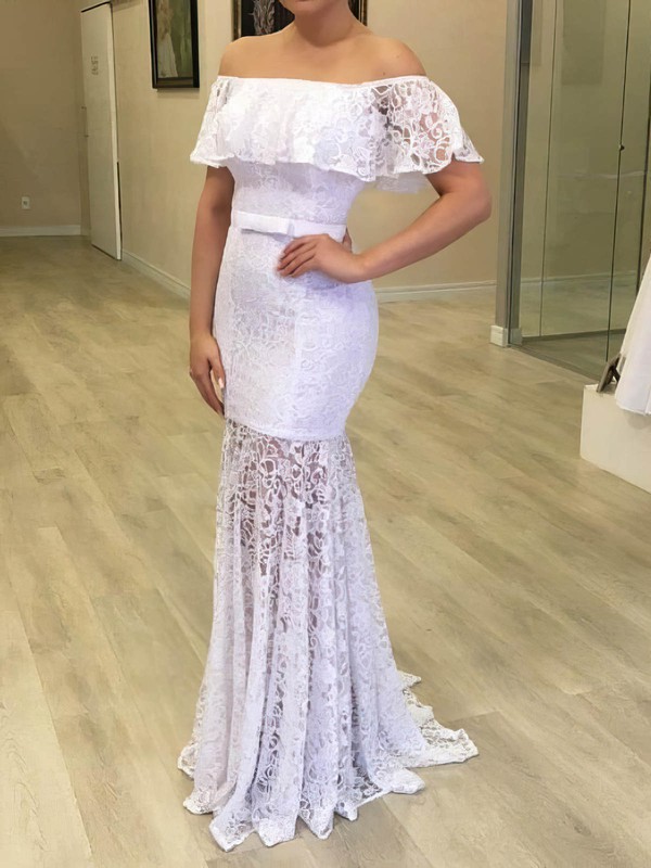 Lace Off-the-shoulder Sweep Train Trumpet/Mermaid Sashes / Ribbons Wedding Dresses #PWD00024049