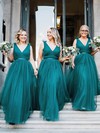 Tulle V-neck Sweep Train A-line Sashes / Ribbons Bridesmaid Dresses #PWD01014167