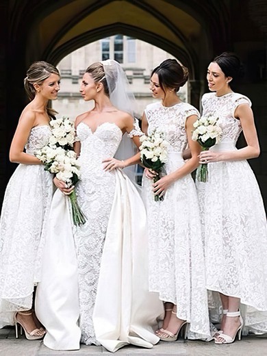 Lace Scoop Neck Asymmetrical A-line Bridesmaid Dresses #PWD01014182