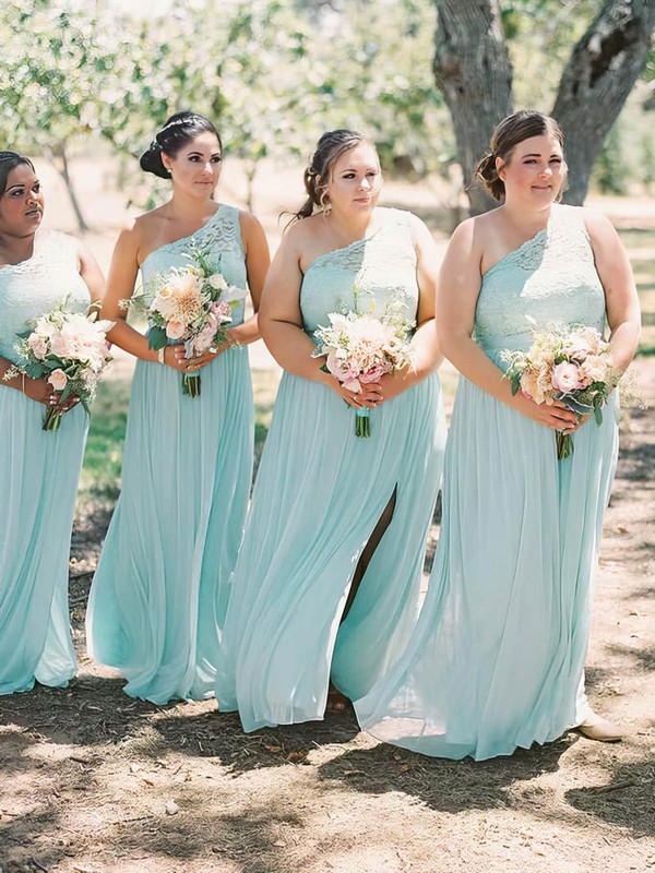 Chiffon One Shoulder Floor-length A-line Appliques Lace Bridesmaid Dresses #PWD01014196