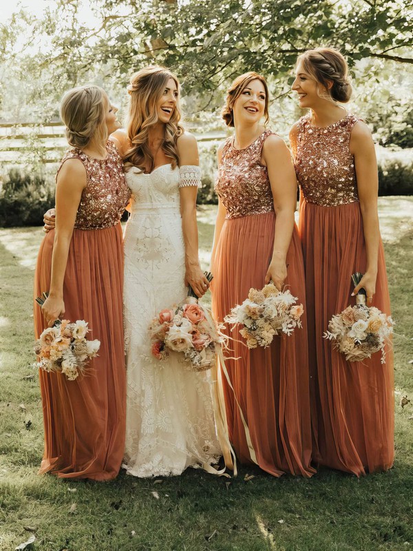 Tulle Glitter Scoop Neck Floor-length A-line Bridesmaid Dresses #PWD01014197