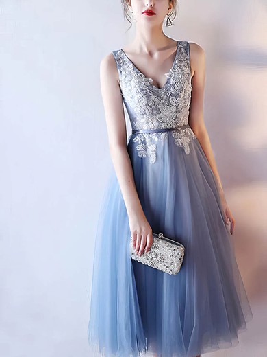 Tulle V-neck Tea-length A-line Appliques Lace Bridesmaid Dresses #PWD01014214