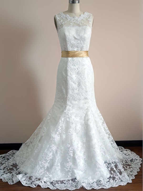 Nicest Scalloped Neck Ivory Lace with Sashes/Ribbons Trumpet/Mermaid Wedding Dress #PWD00020542
