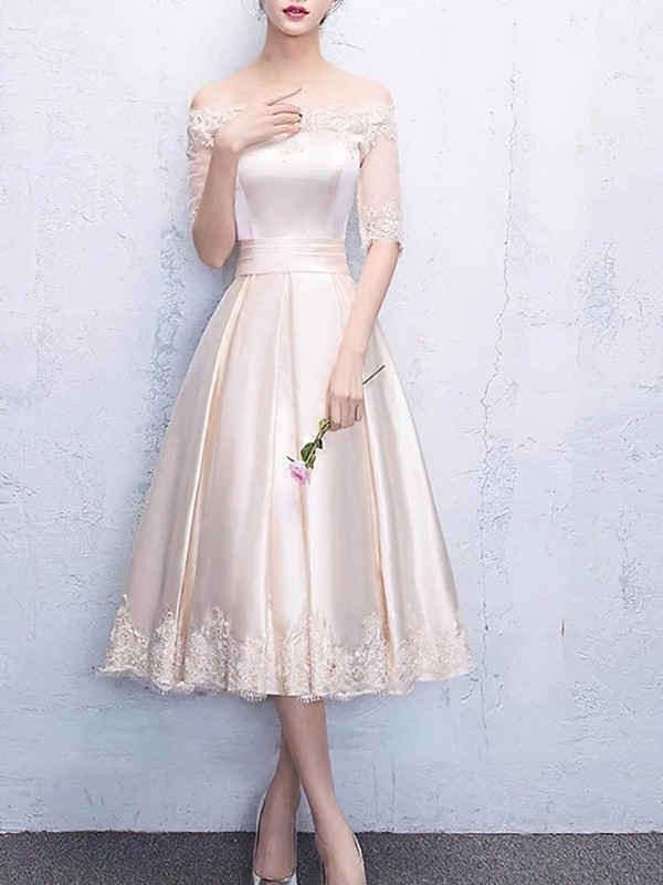 Silk-like Satin Off-the-shoulder Tea-length A-line Appliques Lace Bridesmaid Dresses #PWD01014221