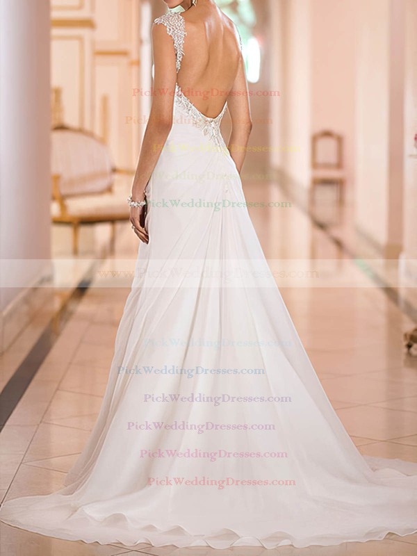 Beading Straps Chiffon Sweetheart White Open Back Elegant Wedding Dresses #PWD00020543