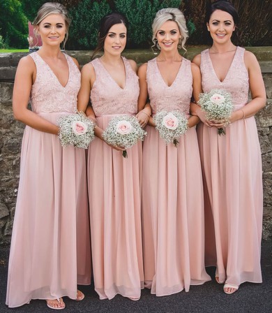 Chiffon V-neck Floor-length A-line Appliques Lace Bridesmaid Dresses #PWD01014227