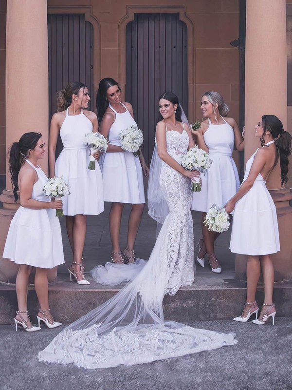 Satin Halter Knee-length A-line Bridesmaid Dresses #PWD01014230