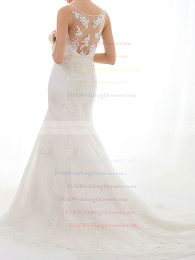 Stunning Trumpet/Mermaid Scoop Neck Ivory Lace Crystal Detailing Wedding Dresses #PWD00020547