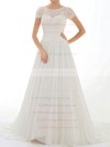 Nicest Scoop Neck Court Train Cap Straps Appliques Lace Chiffon Lace Wedding Dress #PWD00020548
