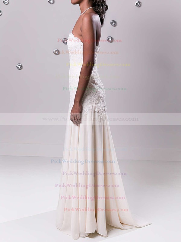 Sheath/Column Strapless Ivory Chiffon Appliques Lace Sweep Train Wedding Dress #PWD00020549