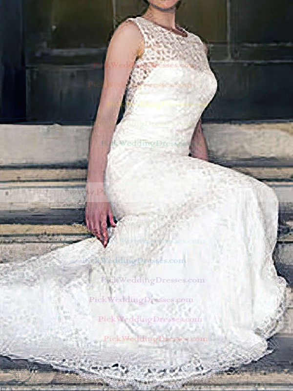 Inexpensive Ivory Lace Scoop Neck Ruffles Sheath/Column Wedding Dresses #PWD00020558