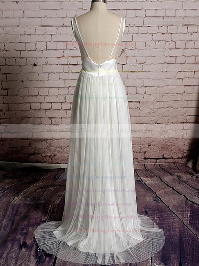 Sheath/Column Ivory Tulle V-neck Appliques Lace Open Back Wedding Dress #PWD00020567