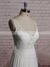 Sheath/Column Ivory Tulle V-neck Appliques Lace Open Back Wedding Dress #PWD00020567