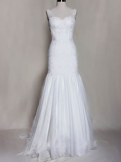 Sweetheart White Tulle Open Back Appliques Lace Straps Trumpet/Mermaid Wedding Dress #PWD00020571