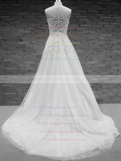 Scoop Neck White Tulle  Appliques Lace Covered Button Court Train Wedding Dress #PWD00020576