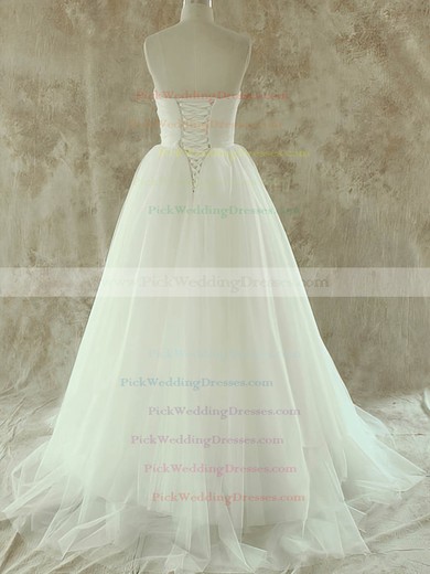 Simple White Tulle A-line Sweetheart Lace-up Court Train Wedding Dress #PWD00020581