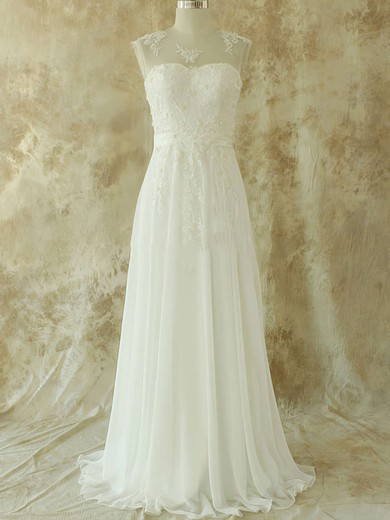Sweep Train Scoop Neck Chiffon Appliques Lace Cheap Wedding Dresses #PWD00020582
