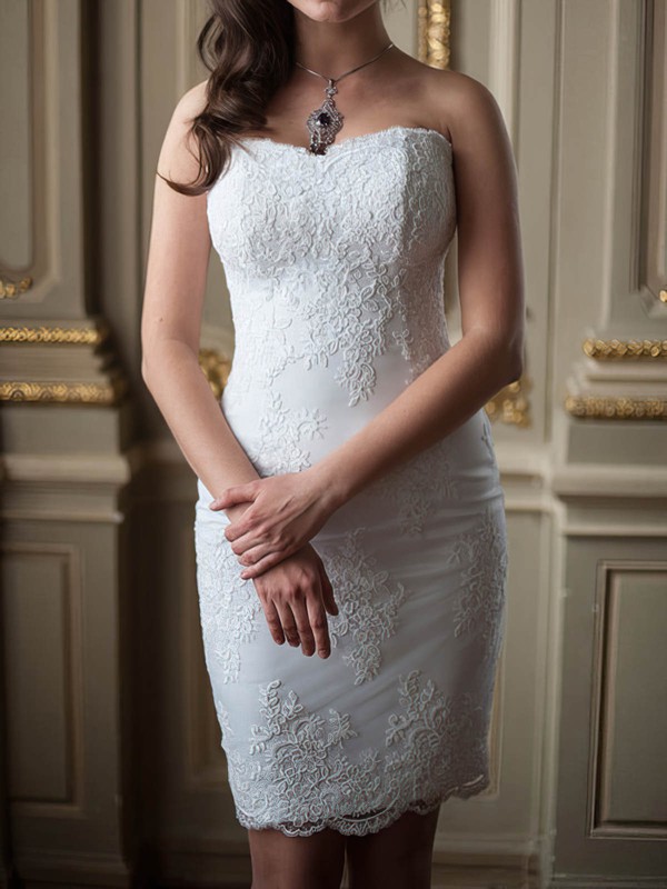 Cute Sheath/Column Sweetheart White Short/Mini Lace Wedding Dresses #PWD00020586