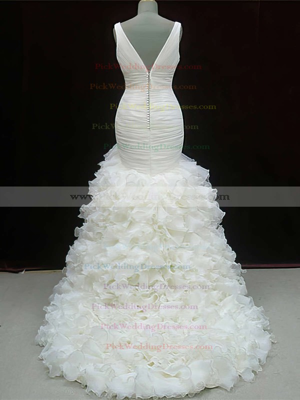 Ivory V-neck Trumpet/Mermaid Organza Perfect Tiered Wedding Dresses #PWD00020604