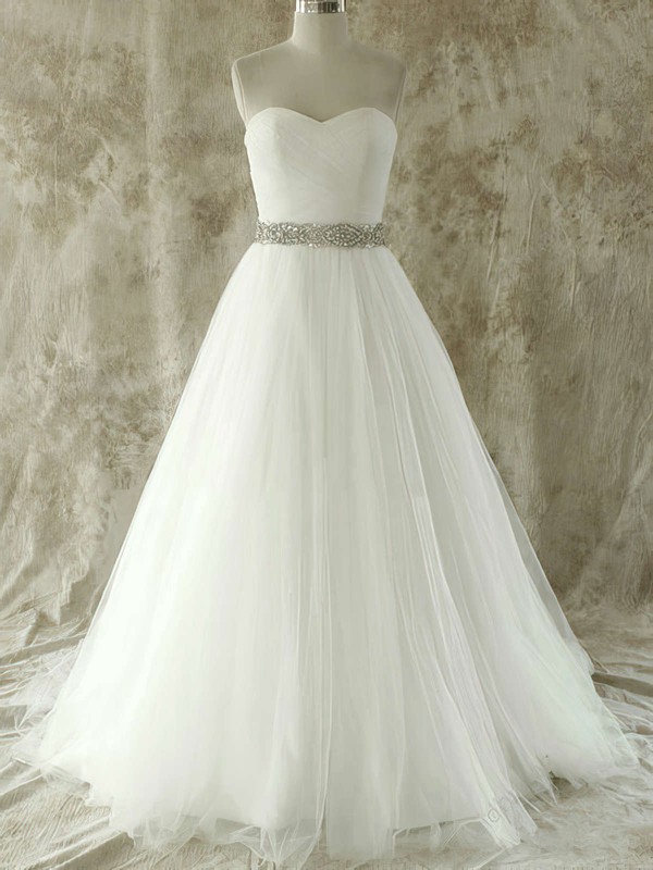 Unique Sweetheart Tulle Court Train Beading and Crystal Detailing Wedding Dress #PWD00020609