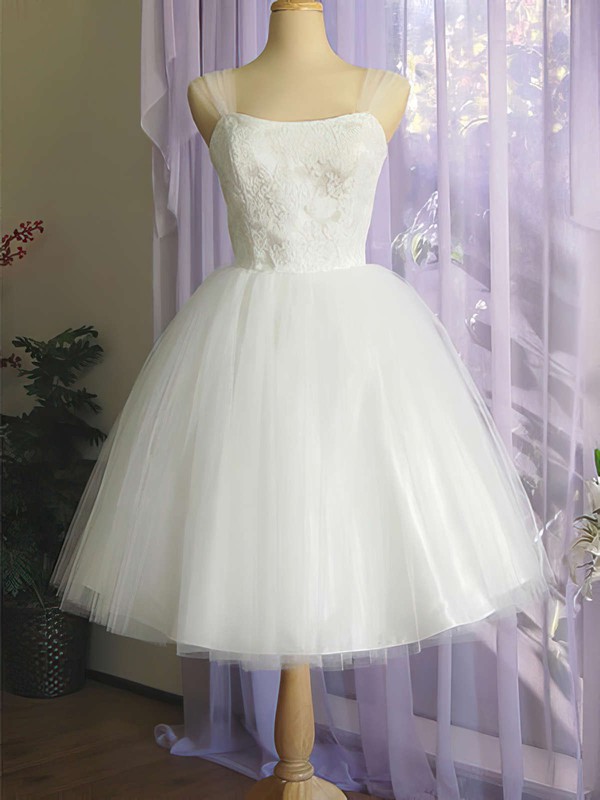 Pretty Square Neckline White Satin Tulle Appliques Lace Knee-length Wedding Dress #PWD00020612