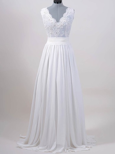 Online White Lace Chiffon V-neck Sashes / Ribbons Sweep Train Wedding Dresses #PWD00020615