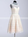 Cute Champagne Lace Knee-length Covered Button Scoop Neck Wedding Dresses #PWD00020616