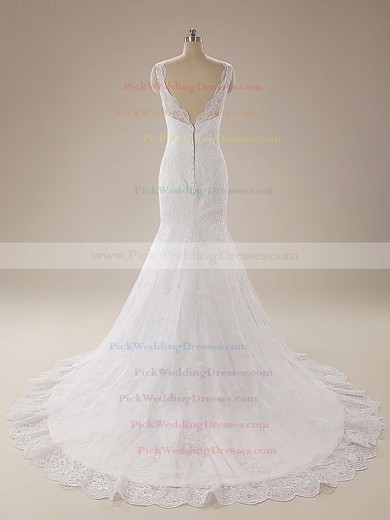 Fashion White Lace Scalloped Neck Court Train Draped Trumpet/Mermaid Wedding Dress #PWD00020625