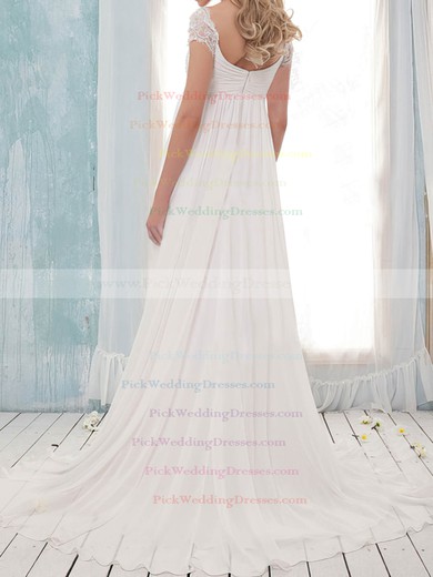 Pretty Empire Off-the-shoulder White Chiffon Criss Cross Sweep Train Wedding Dress #PWD00020631