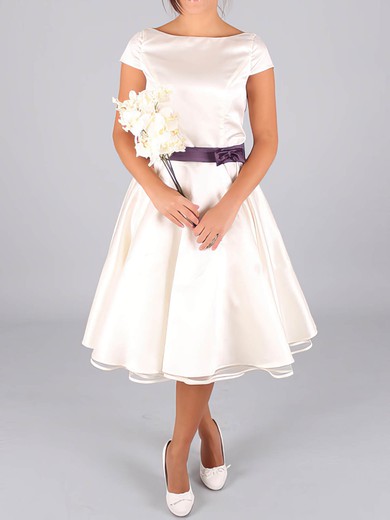 Scoop Neck Vintage Satin with Sashes / Ribbons Tea-length Wedding Dresses #PWD00020633