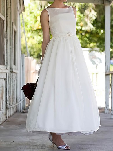Vintage Ankle-length Flower(s) Square Neckline White Satin Wedding Dresses #PWD00020636