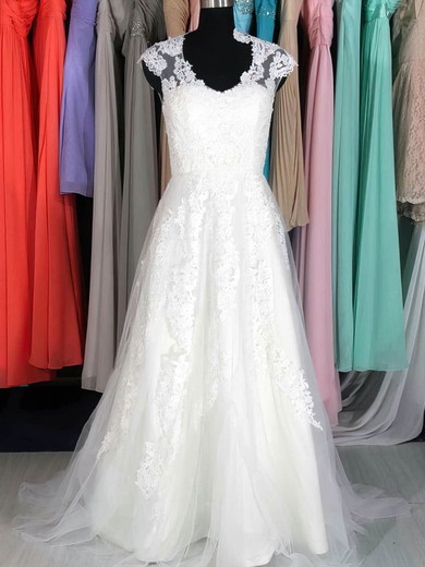 Amazing White Tulle with Appliques Lace Cap Straps V-neck Wedding Dresses #PWD00020662