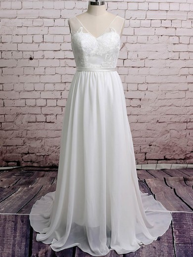 Latest White Chiffon Appliques Lace V-neck Court Train Wedding Dresses #PWD00020671