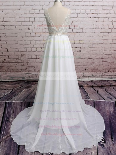 Latest White Chiffon Appliques Lace V-neck Court Train Wedding Dresses #PWD00020671