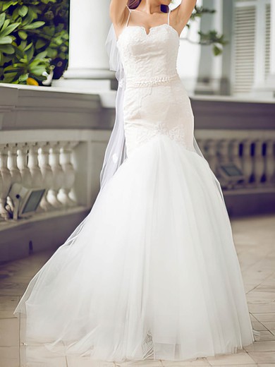 Stunning White Tulle Appliques Lace Sweetheart Trumpet/Mermaid Wedding Dresses #PWD00020680