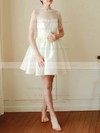 Cute White Satin Lace High Neck Short/Mini Short Sleeve Wedding Dress #PWD00020682