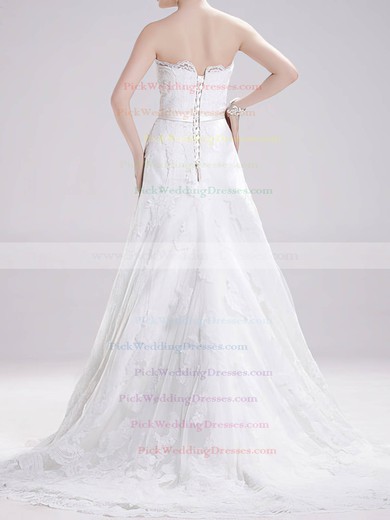 Strapless Sweep Train Gorgeous Lace with Sashes / Ribbons Wedding Dress #PWD00020695