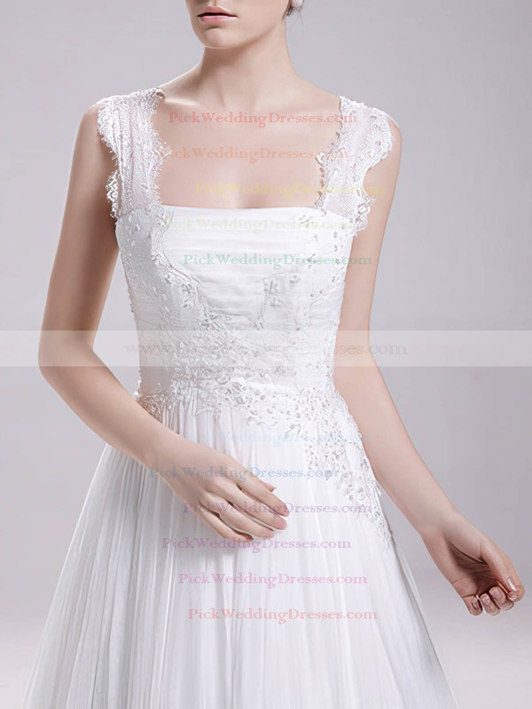 Square Neckline Wholesale Chiffon Lace Sweep Train Wedding Dresses #PWD00020719